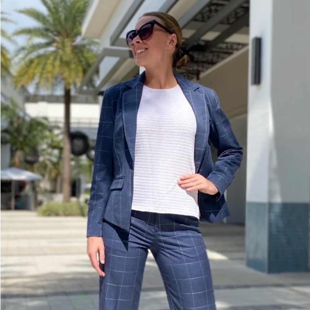 Ecru One Button Blazer with Embroidery - Blue Pinstrip Jacket